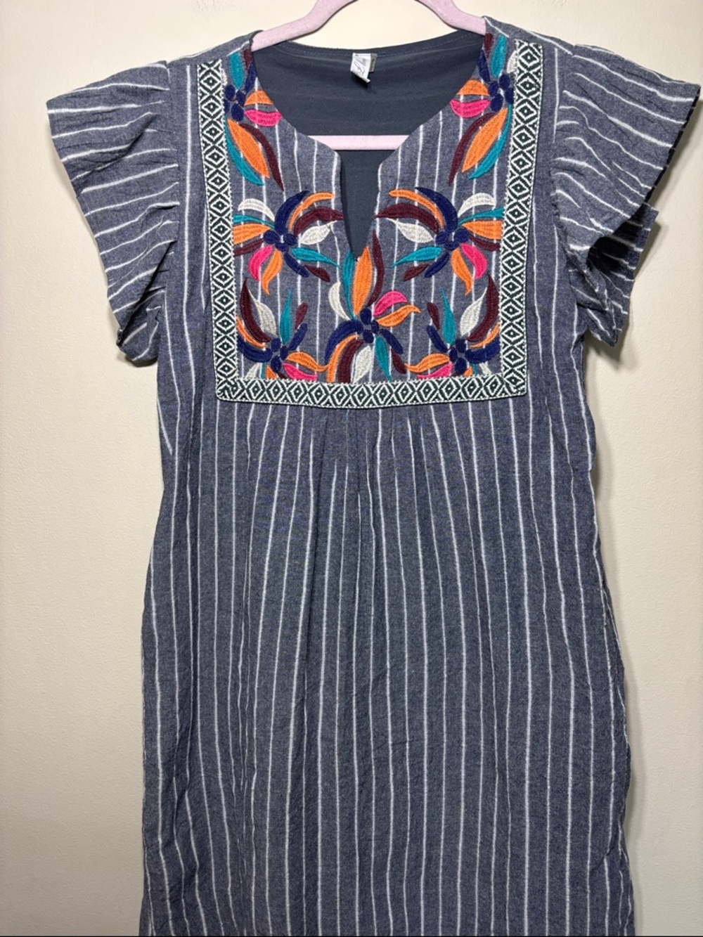 Striped Embroidered Mini Dress - Gray with Multicolor Floral Yoke - Picture 1 of 5